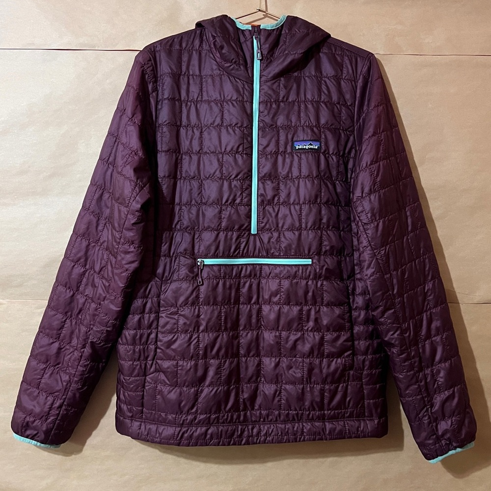 Patagonia Women's Quilted Puffer Pullover Jacket in Deep Plum with Teal Trim